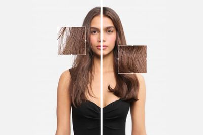A split image of a woman with long, straight brown hair, wearing a black top. Sections of her hair are zoomed in and displayed on either side.