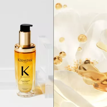 L'huile Elixir Ultime pose sur un support transparent.