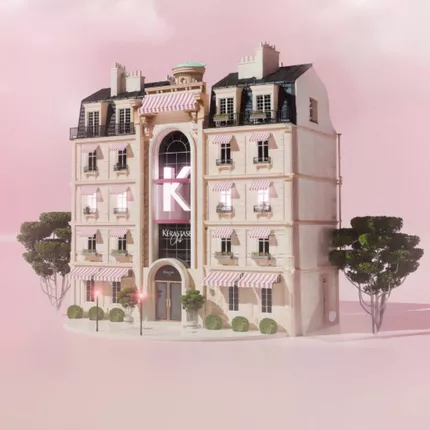 Illustration 3D d'un immeuble de style parisien classique arborant un grand "K" et l'enseigne "Kerastase Club" sur un fond rose brumeux.