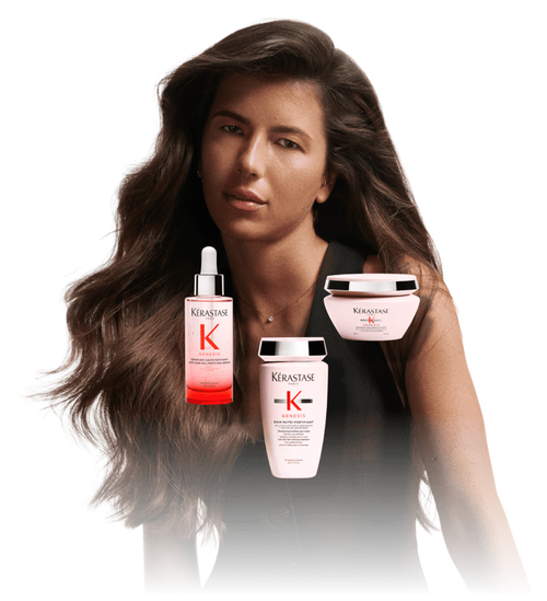 Femme presentant le masque, le shampooing et le serum Kerastase Genesis superposes, illustrant une routine de soin.