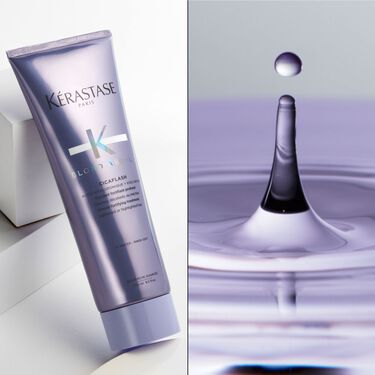 Le fondant cicaflash Blond Absolu Kerastase est pose debout sur un socle transparent.