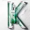 A green bottle of hair serum is displayed at the center, surrounded by flowing green gel tubes on a white marble background, with a stylized letter "K" formed by the arrangement.