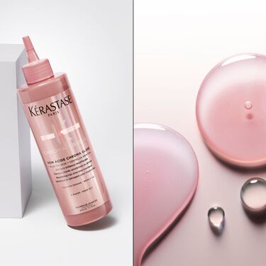 Le soin acide chroma gloss est pose debout sur un socle transparent.