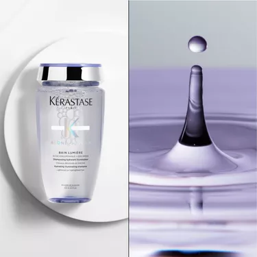 Le bain blond abolu Kerastase est pose sur un support rond blanc.