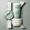 Three jars of skincare products in soft green and white colors are displayed against a textured gray background, with one jar partially opened and a small amount of product shown.