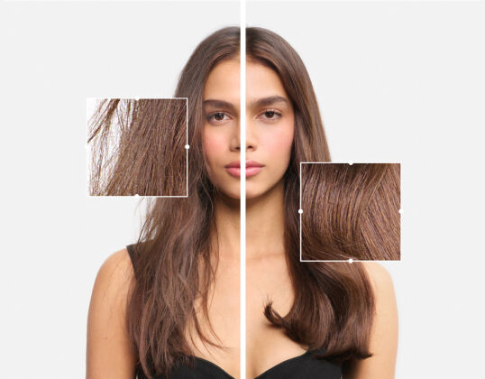 Composition de produits Kerastase sur fond beige, illustrant la gamme complete contre l'humidite et les frisottis des cheveux