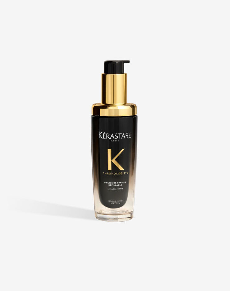 L'Huile de Parfum Kerastase Chronologiste rechargeable dans son flacon luxueux au degrade noir et transparent avec une pompe doree.
