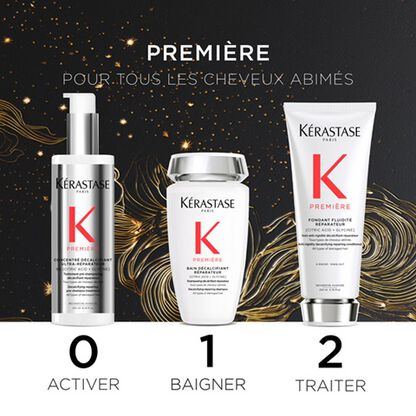 Gamme Kerastase Premiere : trois produits pour reparer tous les cheveux abimes, incluant un activateur, un bain et un traitement.