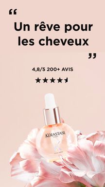 de Kerastase Glaze Drops pose sur des fleurs roses, avec le texte "Un reve pour les cheveux" et une note moyenne de 4,8/5 pour plus de 200 avis
