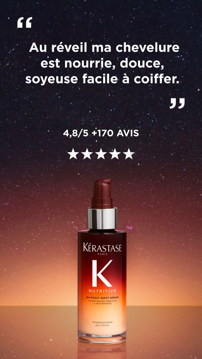 Un flacon pompe de Kerastase Nutritive 8H Magic Night Serum sur un fond etoile, avec un temoignage "Au reveil ma chevelure est nourrie, douce, soyeuse facile a coiffer." et une note moyenne de 4,8/5 pour plus de 170 avis.​
