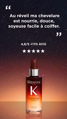 Un flacon pompe de Kerastase Nutritive 8H Magic Night Serum sur un fond etoile, avec un temoignage "Au reveil ma chevelure est nourrie, douce, soyeuse facile a coiffer." et une note moyenne de 4,8/5 pour plus de 170 avis.