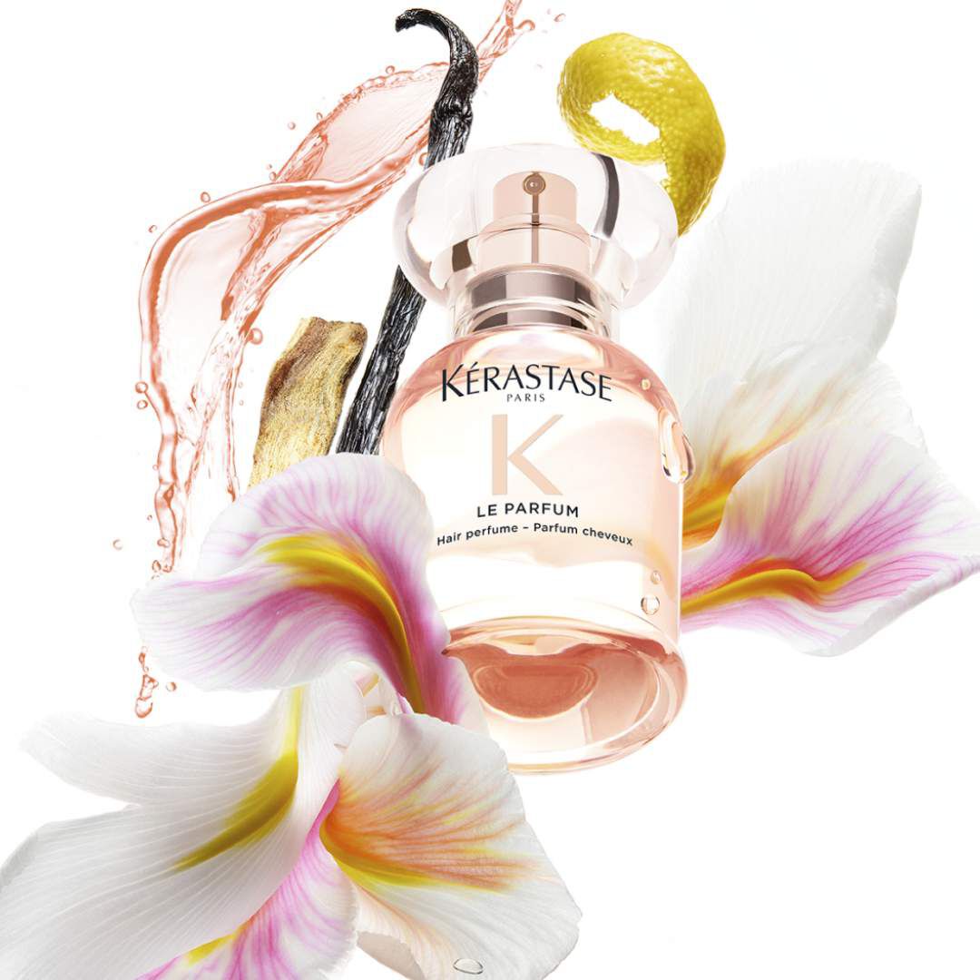 Parfum Gloss Absolu Kerastase avec un bouquet floral compose d'Iris, de Jasmin, de Freesia, de Fleur d'Oranger et de The Vert.