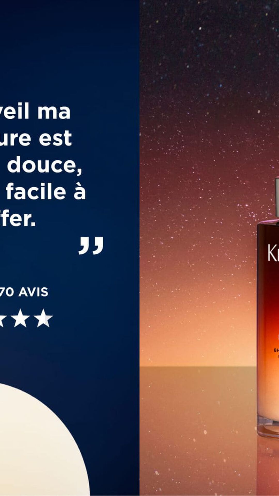 Un flacon pompe de Kerastase Nutritive 8H Magic Night Serum sur un fond etoile, avec un temoignage "Au reveil ma chevelure est nourrie, douce, soyeuse facile a coiffer." et une note moyenne de 4,8/5 pour plus de 170 avis.