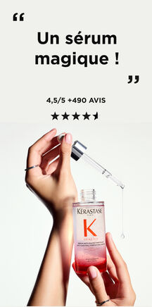 ne main tient un flacon de Kerastase Genesis Serum Fortifiant, avec une pipette d'ou s'ecoule une goutte de produit, accompagne de l'avis "Un serum magique !" et une moyenne note de 4,5/5 sur plus de 490 avis. 