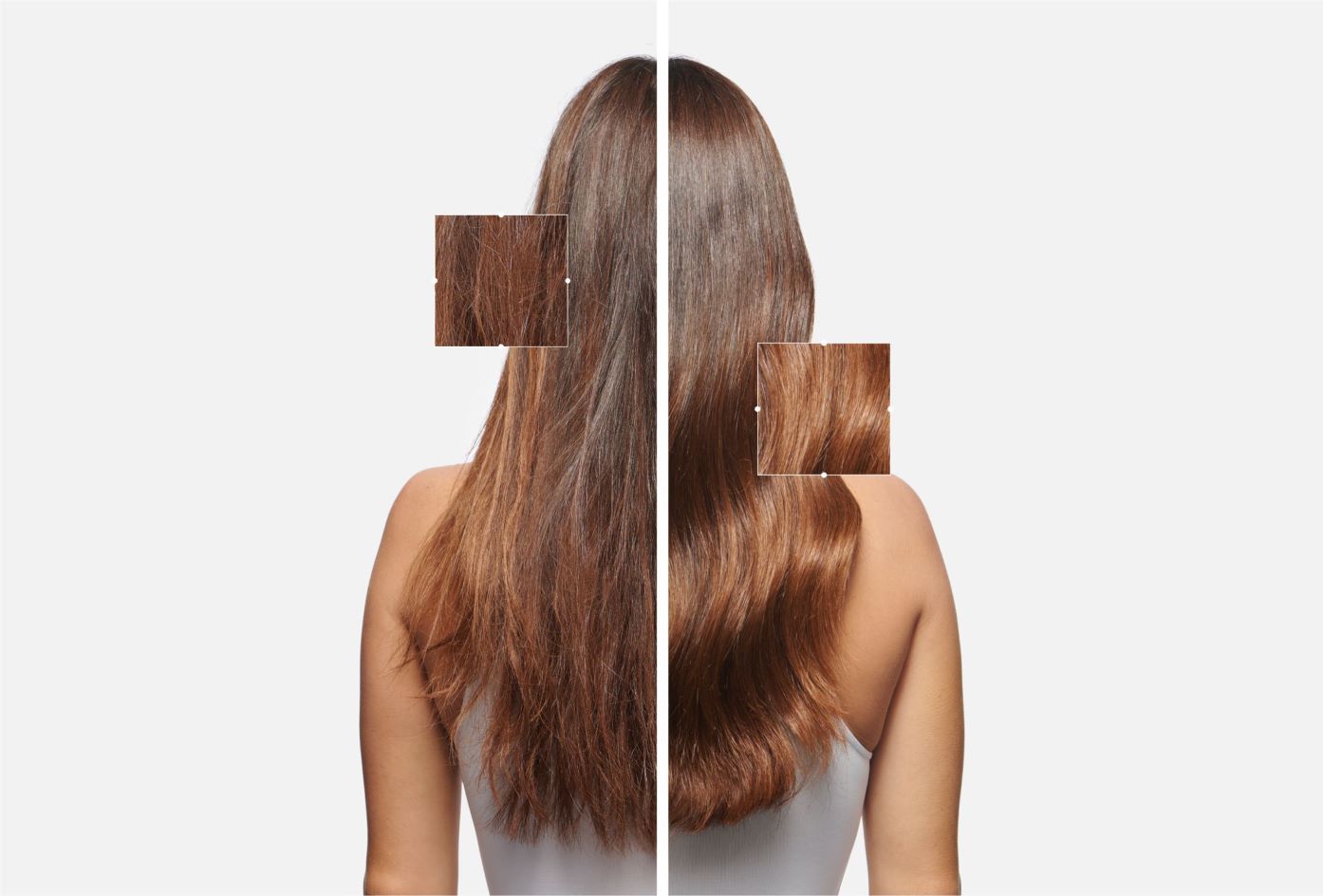 Avant et après traitement capillaire, montrant des cheveux lissés et brillants comparés à des cheveux frisés et abîmés.